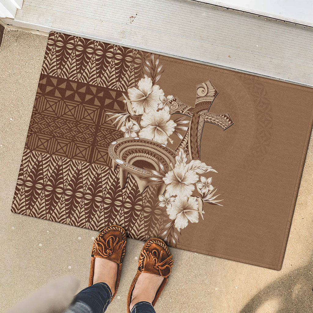 Tonga Ngatu Kupesi Brown Tapa Rubber Doormat Koe Otua Mo Tonga Ko Hoku Tofia LT7 - Polynesian Pride