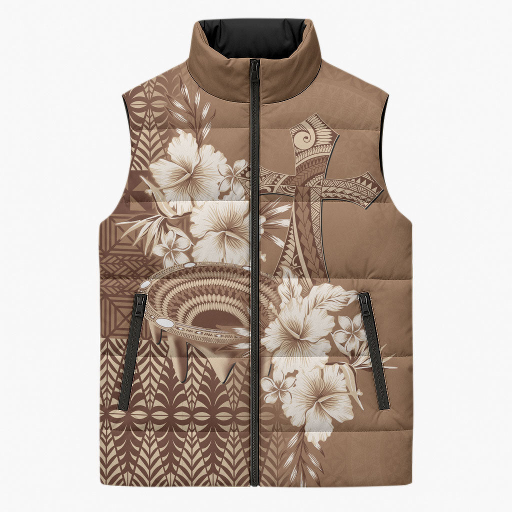 Tonga Ngatu Kupesi Brown Tapa Sleeveless Puffer Jacket Koe Otua Mo Tonga Ko Hoku Tofia LT7 Unisex Mocha - Polynesian Pride