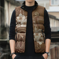 Tonga Ngatu Kupesi Brown Tapa Sleeveless Puffer Jacket Koe Otua Mo Tonga Ko Hoku Tofia LT7 - Polynesian Pride