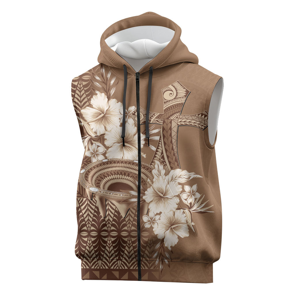 Tonga Ngatu Kupesi Brown Tapa Sleeveless Zip Hoodie Koe Otua Mo Tonga Ko Hoku Tofia LT7 Mocha - Polynesian Pride