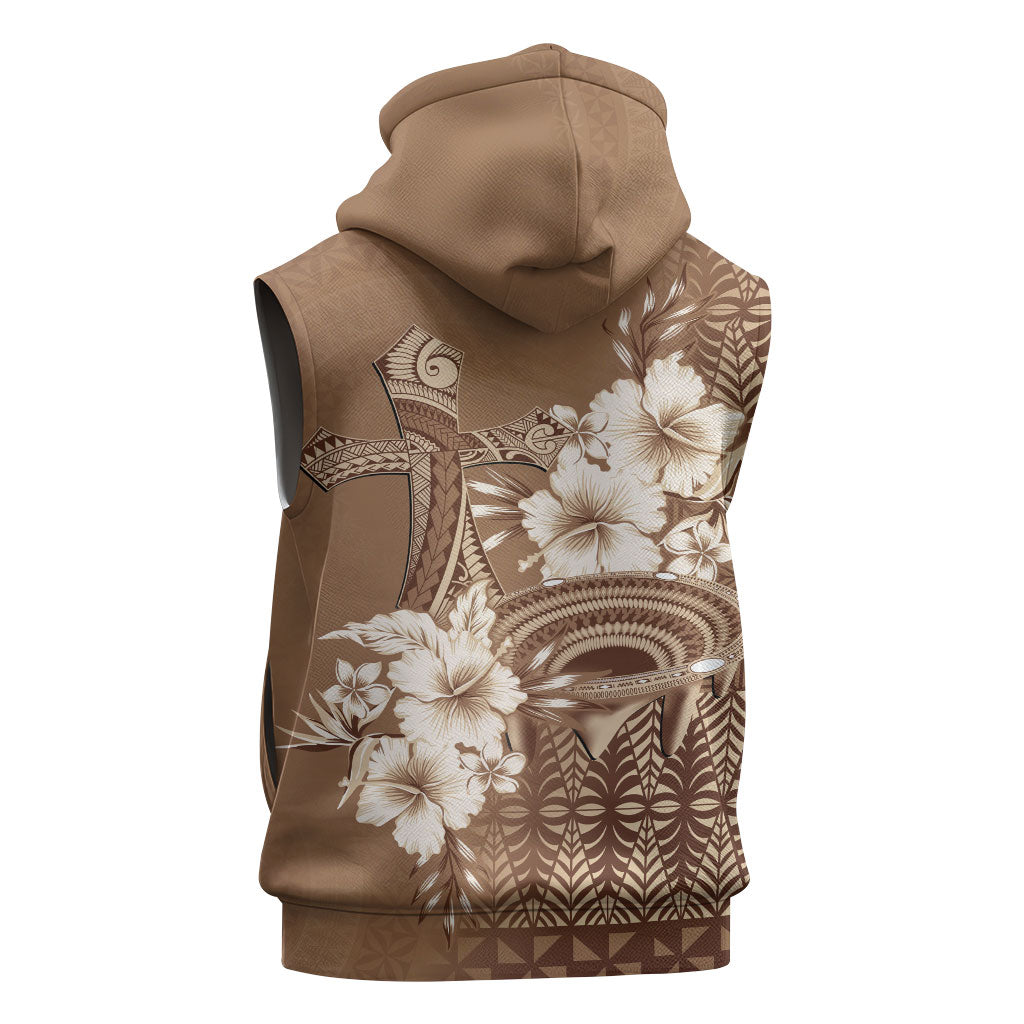 Tonga Ngatu Kupesi Brown Tapa Sleeveless Zip Hoodie Koe Otua Mo Tonga Ko Hoku Tofia LT7 - Polynesian Pride