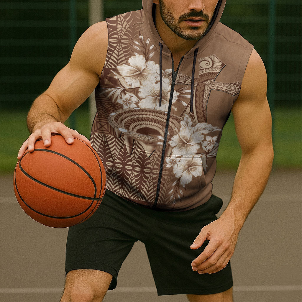Tonga Ngatu Kupesi Brown Tapa Sleeveless Zip Hoodie Koe Otua Mo Tonga Ko Hoku Tofia LT7 - Polynesian Pride