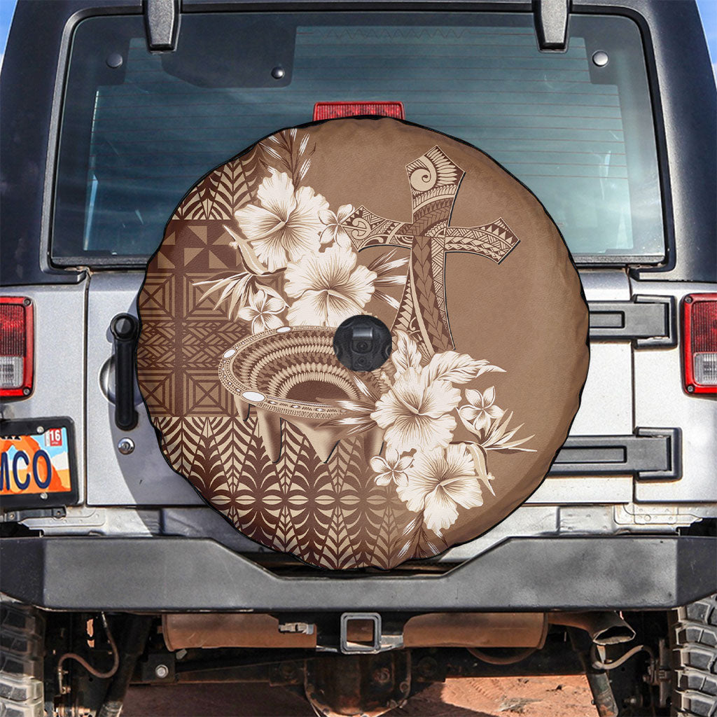 Tonga Ngatu Kupesi Brown Tapa Spare Tire Cover Koe Otua Mo Tonga Ko Hoku Tofia LT7 Mocha - Polynesian Pride