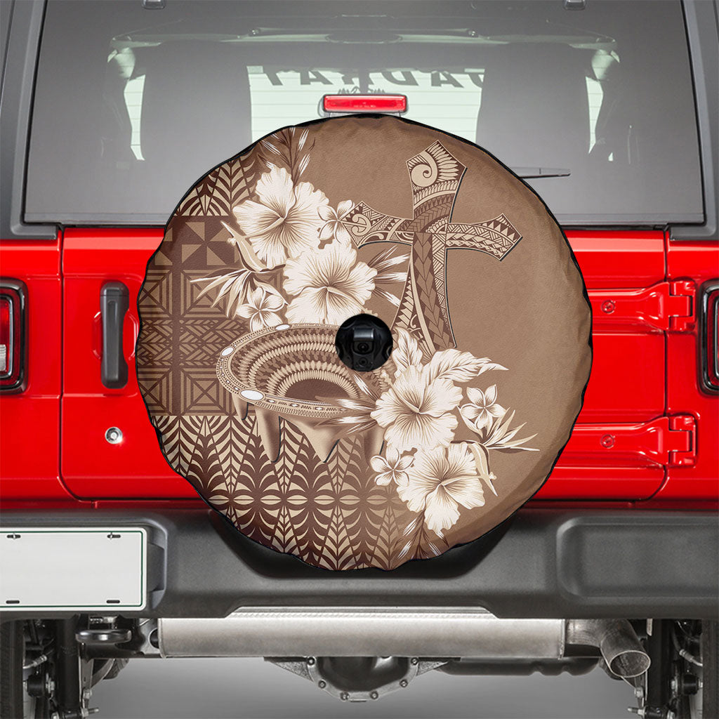 Tonga Ngatu Kupesi Brown Tapa Spare Tire Cover Koe Otua Mo Tonga Ko Hoku Tofia LT7 - Polynesian Pride