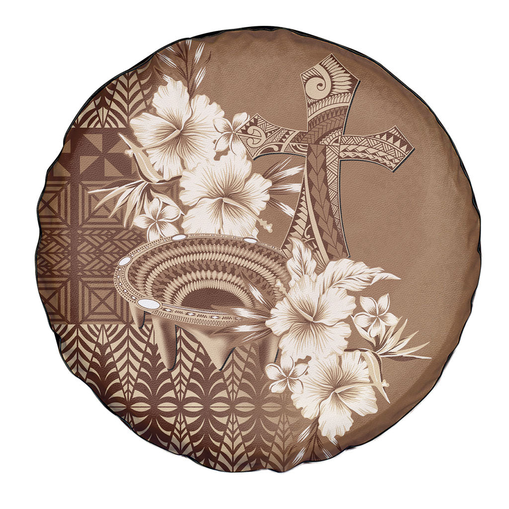 Tonga Ngatu Kupesi Brown Tapa Spare Tire Cover Koe Otua Mo Tonga Ko Hoku Tofia LT7 - Polynesian Pride