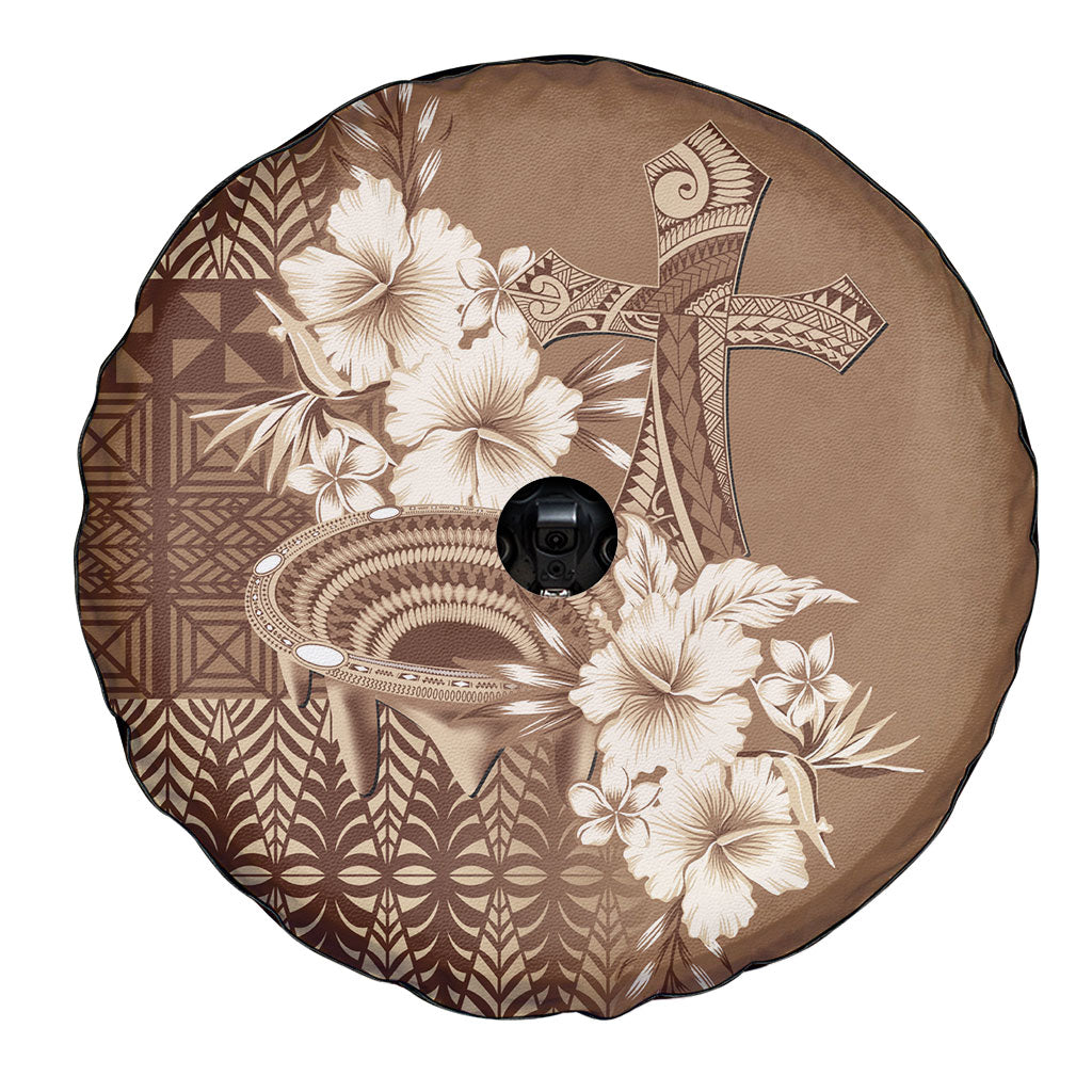 Tonga Ngatu Kupesi Brown Tapa Spare Tire Cover Koe Otua Mo Tonga Ko Hoku Tofia LT7 - Polynesian Pride