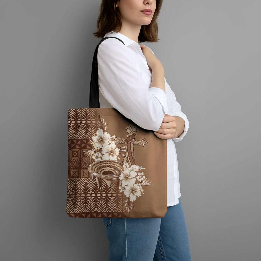 Tonga Ngatu Kupesi Brown Tapa Tote Bag Koe Otua Mo Tonga Ko Hoku Tofia LT7 - Polynesian Pride