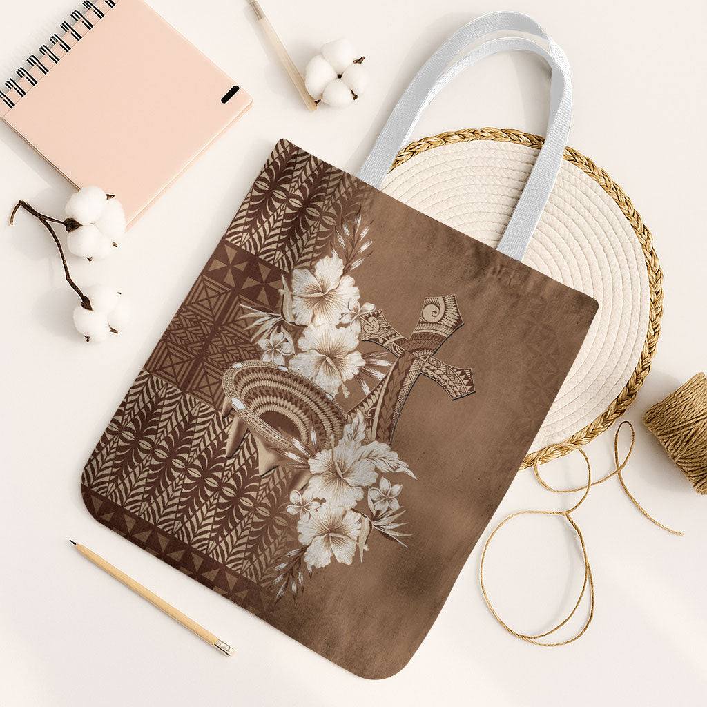 Tonga Ngatu Kupesi Brown Tapa Tote Bag Koe Otua Mo Tonga Ko Hoku Tofia LT7 White Strap One Size Mocha - Polynesian Pride
