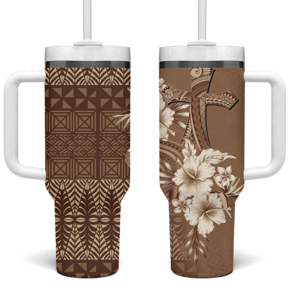 Tonga Ngatu Kupesi Brown Tapa Tumbler With Handle Koe Otua Mo Tonga Ko Hoku Tofia LT7 One Size: 40 oz Mocha - Polynesian Pride