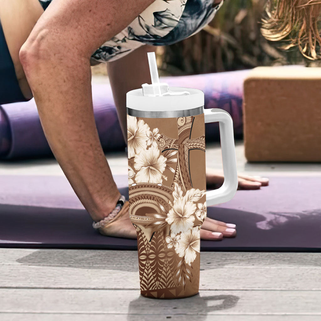 Tonga Ngatu Kupesi Brown Tapa Tumbler With Handle Koe Otua Mo Tonga Ko Hoku Tofia LT7 - Polynesian Pride