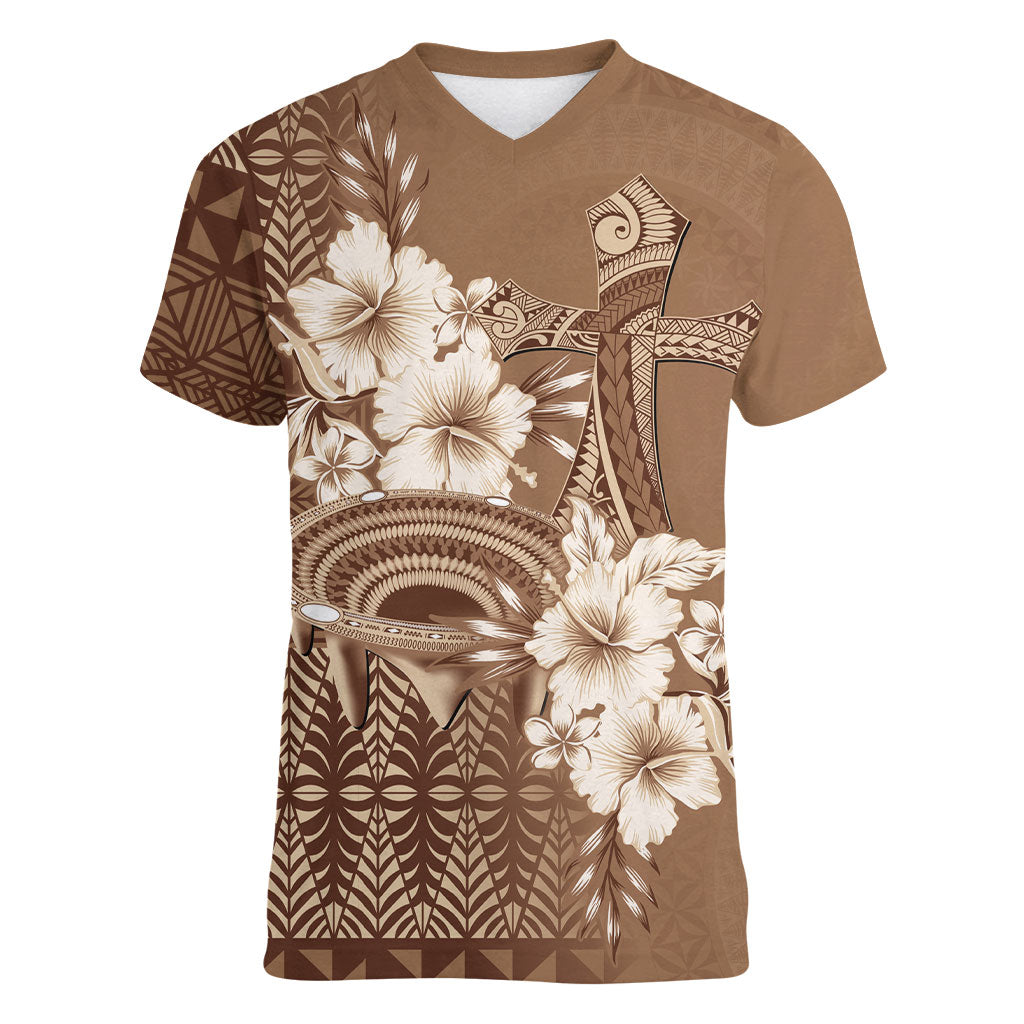 Tonga Ngatu Kupesi Brown Tapa Women V-Neck T-Shirt Koe Otua Mo Tonga Ko Hoku Tofia