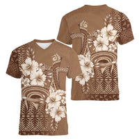 Tonga Ngatu Kupesi Brown Tapa Women V-Neck T-Shirt Koe Otua Mo Tonga Ko Hoku Tofia