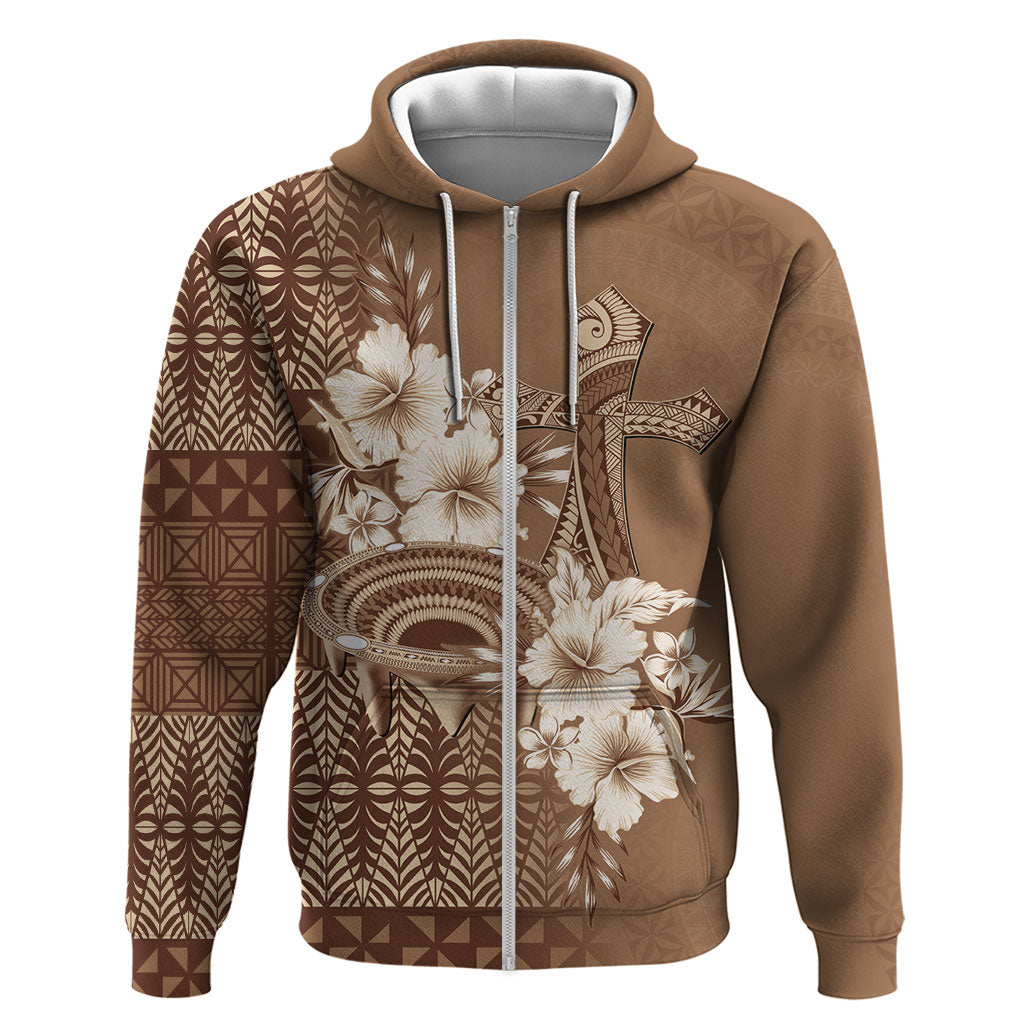 Tonga Ngatu Kupesi Brown Tapa Zip Hoodie Koe Otua Mo Tonga Ko Hoku Tofia LT7 Zip Hoodie Mocha - Polynesian Pride
