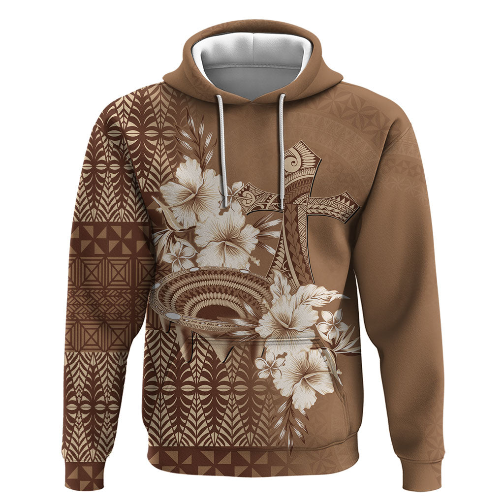 Tonga Ngatu Kupesi Brown Tapa Zip Hoodie Koe Otua Mo Tonga Ko Hoku Tofia LT7 Pullover Hoodie Mocha - Polynesian Pride