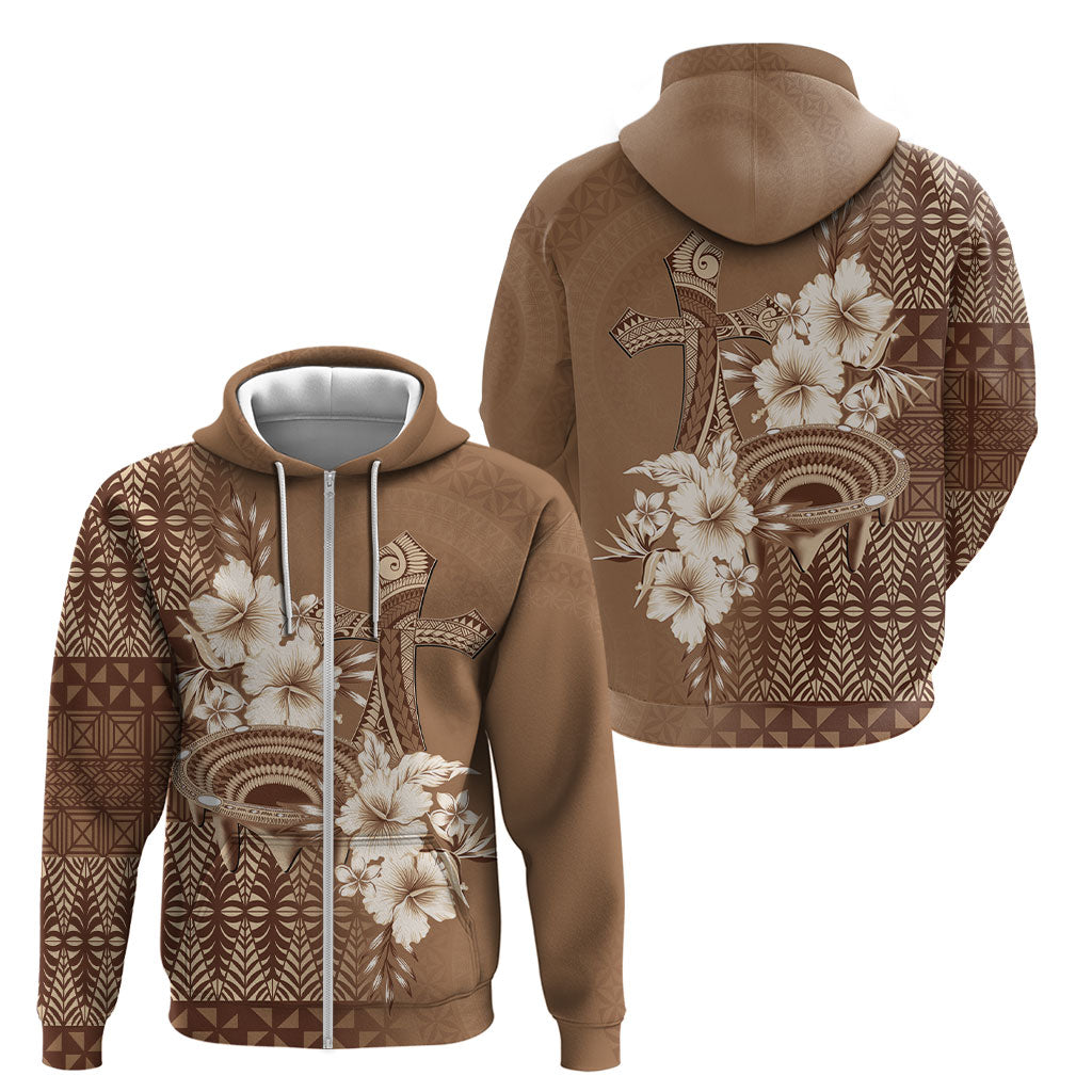 Tonga Ngatu Kupesi Brown Tapa Zip Hoodie Koe Otua Mo Tonga Ko Hoku Tofia LT7 - Polynesian Pride