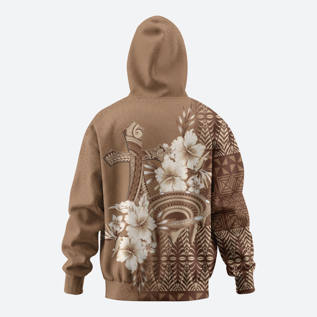 Tonga Ngatu Kupesi Brown Tapa Zip Hoodie Koe Otua Mo Tonga Ko Hoku Tofia LT7 - Polynesian Pride