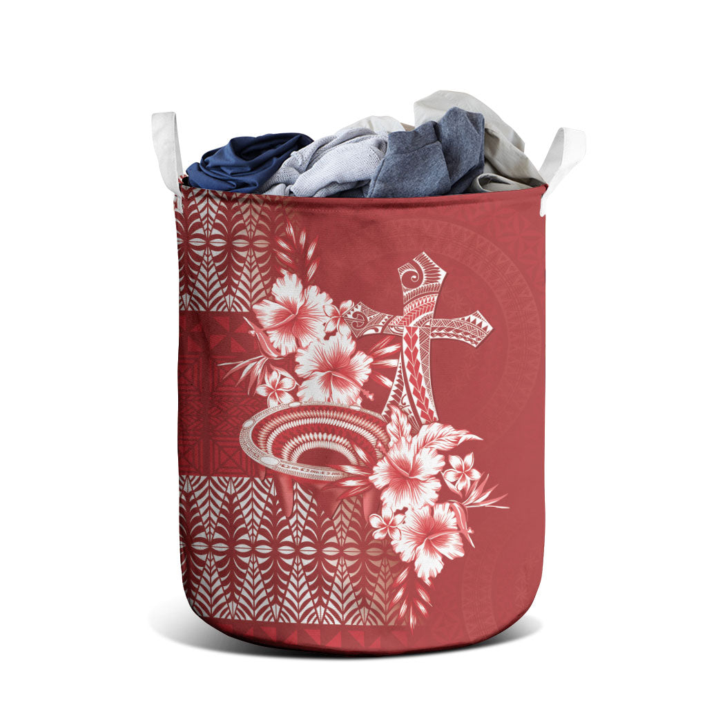 Tonga Ngatu Kupesi Royal Red Laundry Basket Koe Otua Mo Tonga Ko Hoku Tofia LT7 - Polynesian Pride