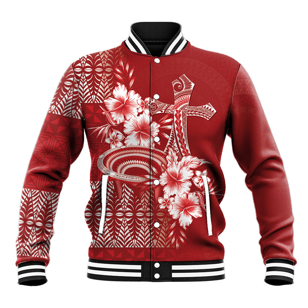 Tonga Ngatu Kupesi Royal Red Baseball Jacket Koe Otua Mo Tonga Ko Hoku Tofia LT7 Unisex Red - Polynesian Pride