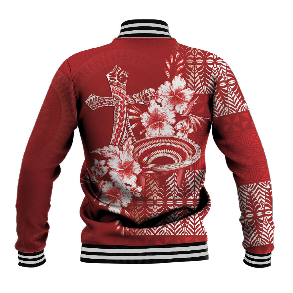 Tonga Ngatu Kupesi Royal Red Baseball Jacket Koe Otua Mo Tonga Ko Hoku Tofia LT7 - Polynesian Pride