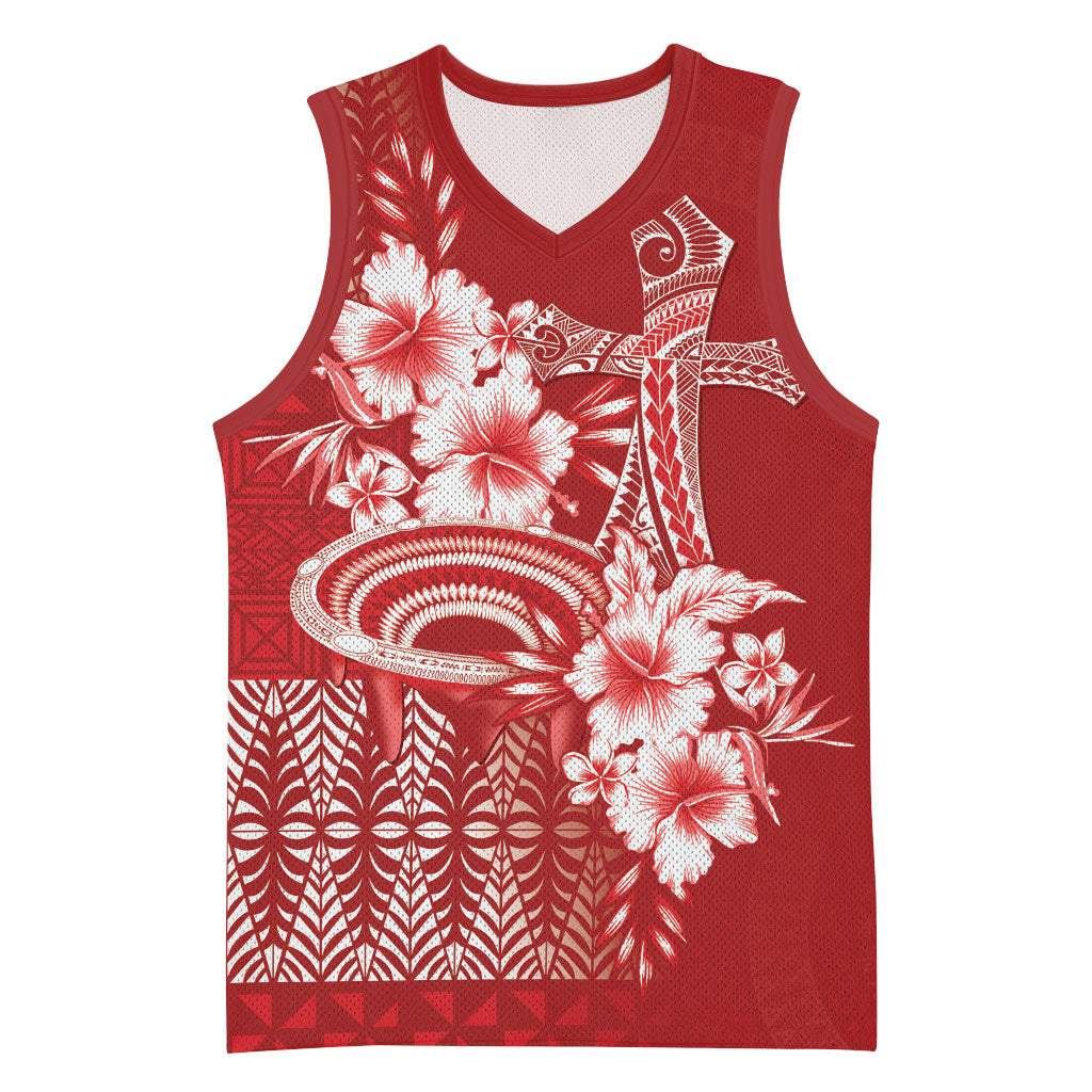 Tonga Ngatu Kupesi Royal Red Basketball Jersey Koe Otua Mo Tonga Ko Hoku Tofia LT7 Unisex Red - Polynesian Pride