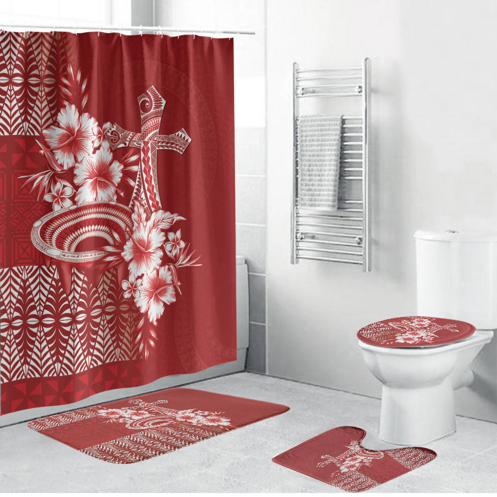 Tonga Ngatu Kupesi Royal Red Bathroom Set Koe Otua Mo Tonga Ko Hoku Tofia LT7 Bathroom Set (4 pcs) Red - Polynesian Pride