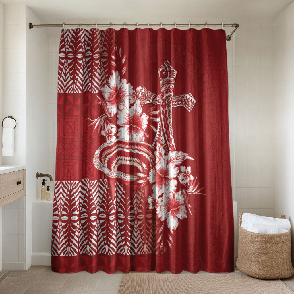 Tonga Ngatu Kupesi Royal Red Bathroom Set Koe Otua Mo Tonga Ko Hoku Tofia LT7 Shower Curtain Only Red - Polynesian Pride
