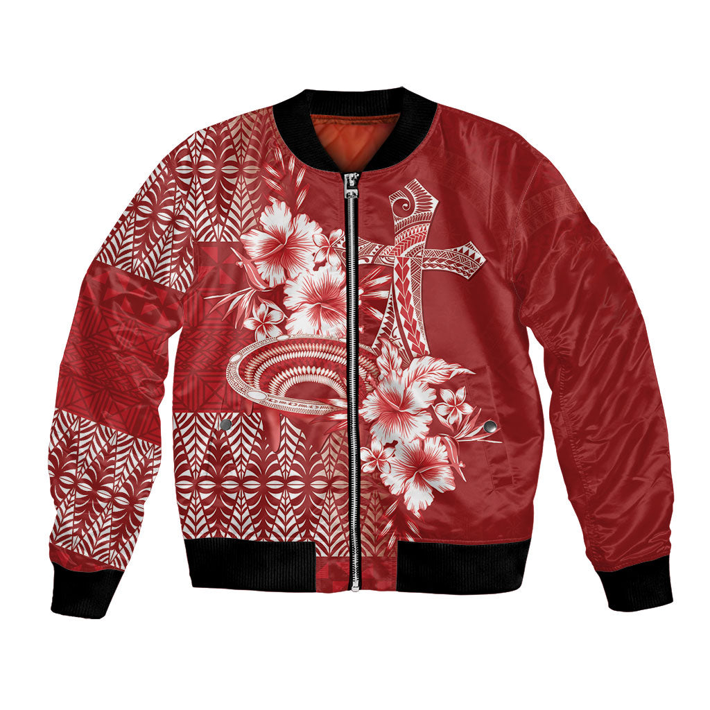 Tonga Ngatu Kupesi Royal Red Bomber Jacket Koe Otua Mo Tonga Ko Hoku Tofia LT7 Unisex Red - Polynesian Pride