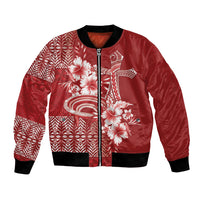 Tonga Ngatu Kupesi Royal Red Bomber Jacket Koe Otua Mo Tonga Ko Hoku Tofia LT7 Unisex Red - Polynesian Pride