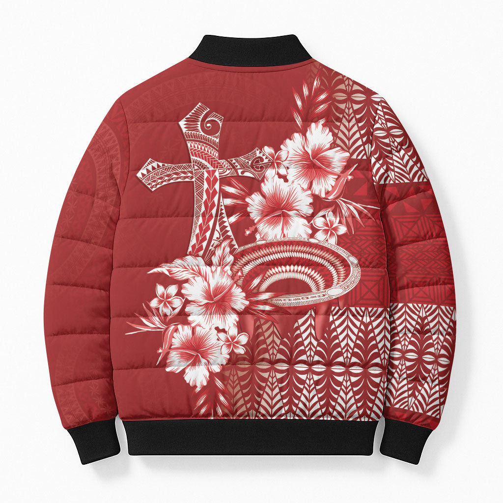 Tonga Ngatu Kupesi Royal Red Bomber Puffer Jacket Koe Otua Mo Tonga Ko Hoku Tofia LT7 - Polynesian Pride