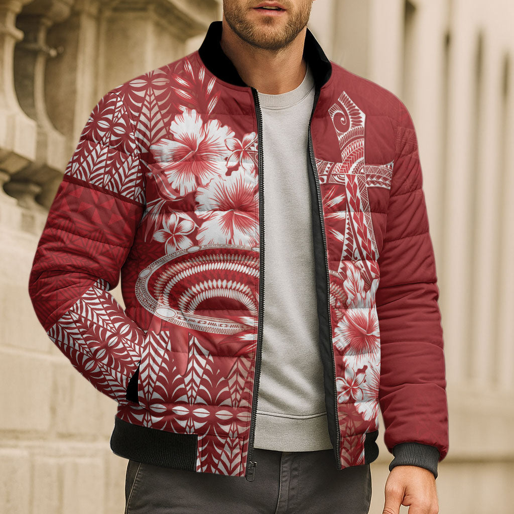 Tonga Ngatu Kupesi Royal Red Bomber Puffer Jacket Koe Otua Mo Tonga Ko Hoku Tofia LT7 - Polynesian Pride