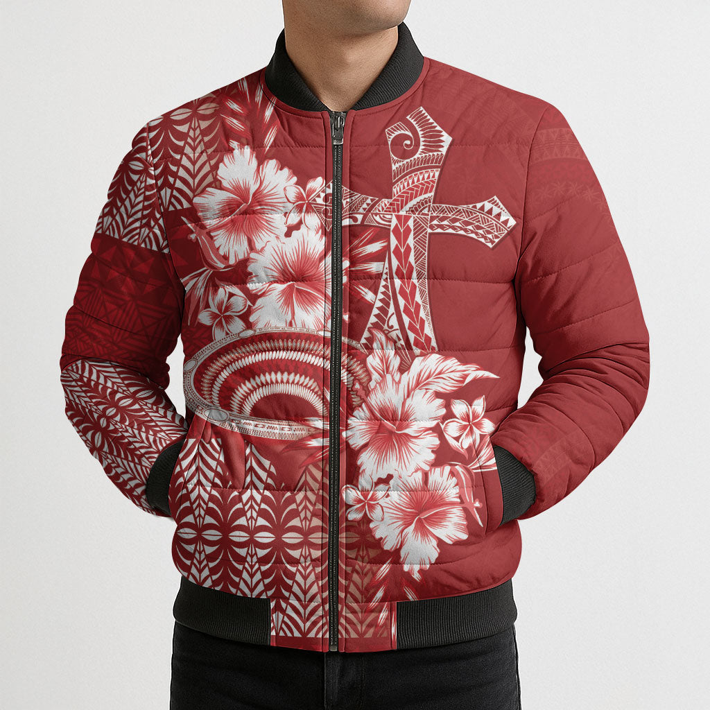 Tonga Ngatu Kupesi Royal Red Bomber Puffer Jacket Koe Otua Mo Tonga Ko Hoku Tofia LT7 - Polynesian Pride