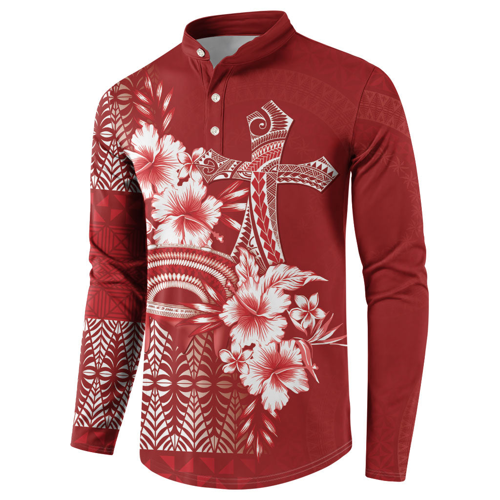 Tonga Ngatu Kupesi Royal Red Button Sweatshirt Koe Otua Mo Tonga Ko Hoku Tofia LT7 - Polynesian Pride