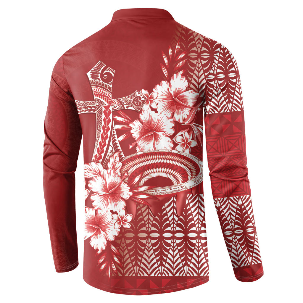 Tonga Ngatu Kupesi Royal Red Button Sweatshirt Koe Otua Mo Tonga Ko Hoku Tofia LT7 - Polynesian Pride