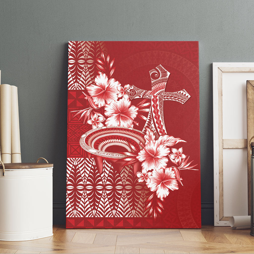 Tonga Ngatu Kupesi Royal Red Canvas Wall Art Koe Otua Mo Tonga Ko Hoku Tofia LT7 - Polynesian Pride