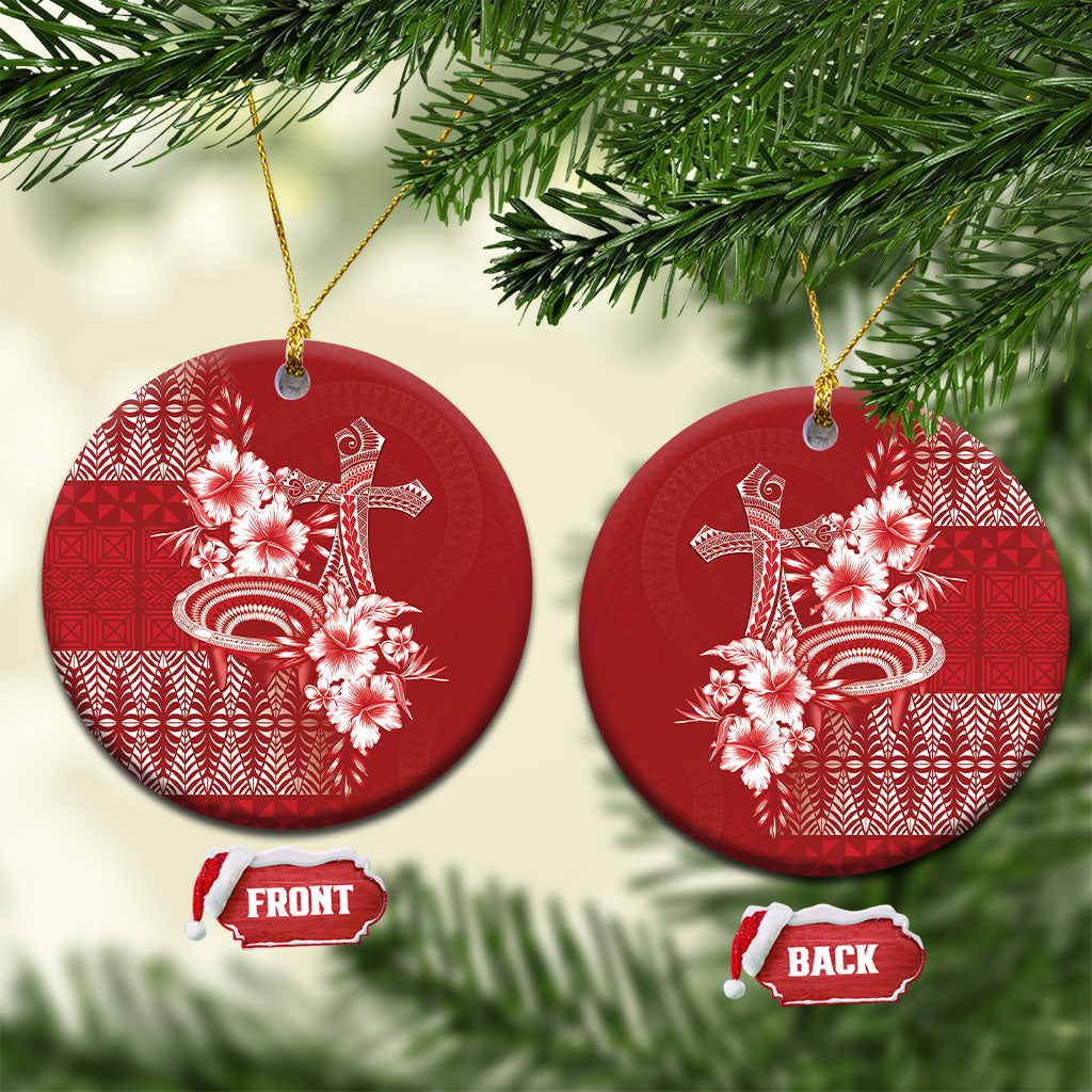 Tonga Ngatu Kupesi Royal Red Ceramic Ornament Koe Otua Mo Tonga Ko Hoku Tofia LT7 Circle Red - Polynesian Pride