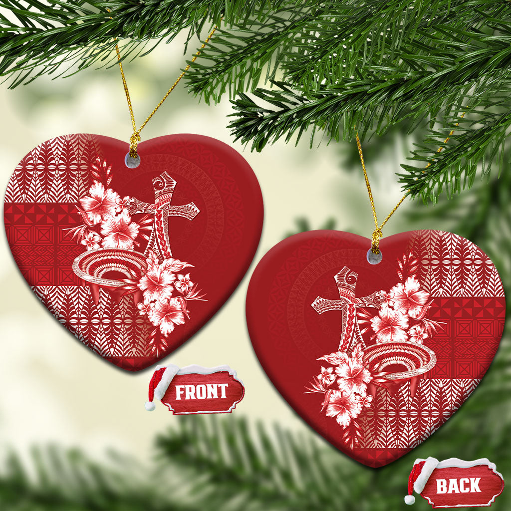 Tonga Ngatu Kupesi Royal Red Ceramic Ornament Koe Otua Mo Tonga Ko Hoku Tofia LT7 Heart Red - Polynesian Pride