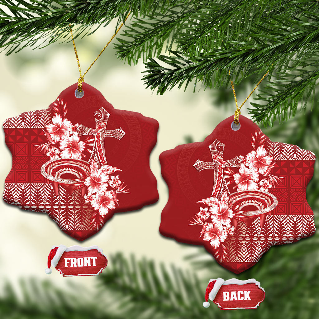 Tonga Ngatu Kupesi Royal Red Ceramic Ornament Koe Otua Mo Tonga Ko Hoku Tofia LT7 Snow Flake Red - Polynesian Pride