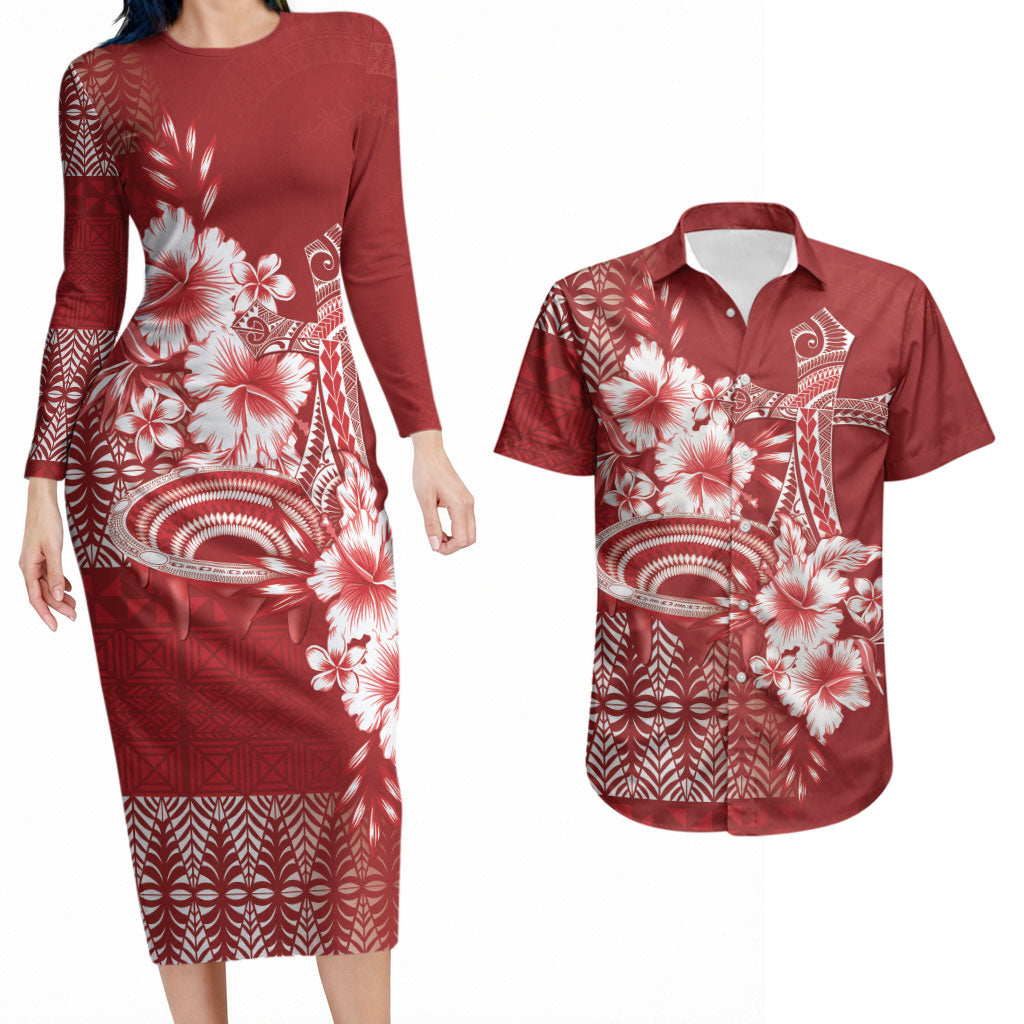 Tonga Ngatu Kupesi Royal Red Couples Matching Long Sleeve Bodycon Dress and Hawaiian Shirt Koe Otua Mo Tonga Ko Hoku Tofia LT7 Red - Polynesian Pride