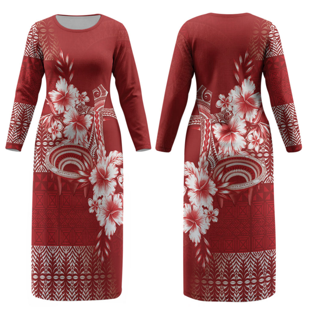 Tonga Ngatu Kupesi Royal Red Couples Matching Long Sleeve Bodycon Dress and Hawaiian Shirt Koe Otua Mo Tonga Ko Hoku Tofia LT7 - Polynesian Pride