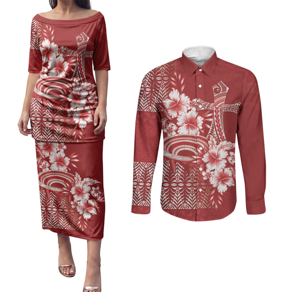 Tonga Ngatu Kupesi Royal Red Couples Matching Puletasi and Long Sleeve Button Shirt Koe Otua Mo Tonga Ko Hoku Tofia LT7 Red - Polynesian Pride