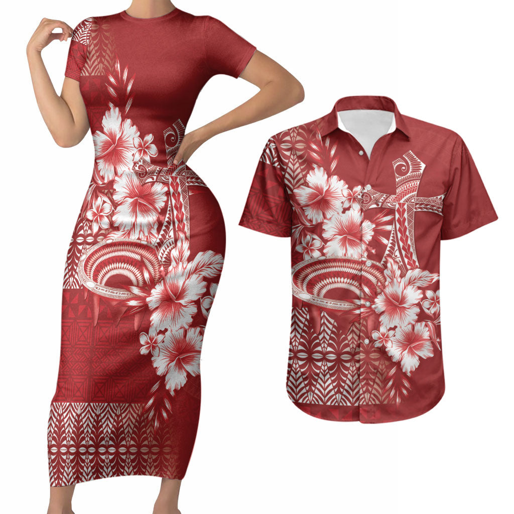 Tonga Ngatu Kupesi Royal Red Couples Matching Short Sleeve Bodycon Dress and Hawaiian Shirt Koe Otua Mo Tonga Ko Hoku Tofia LT7 Red - Polynesian Pride
