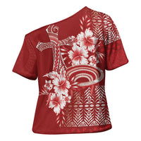 Tonga Ngatu Kupesi Royal Red Cross Shoulder Shirt Koe Otua Mo Tonga Ko Hoku Tofia LT7 - Polynesian Pride
