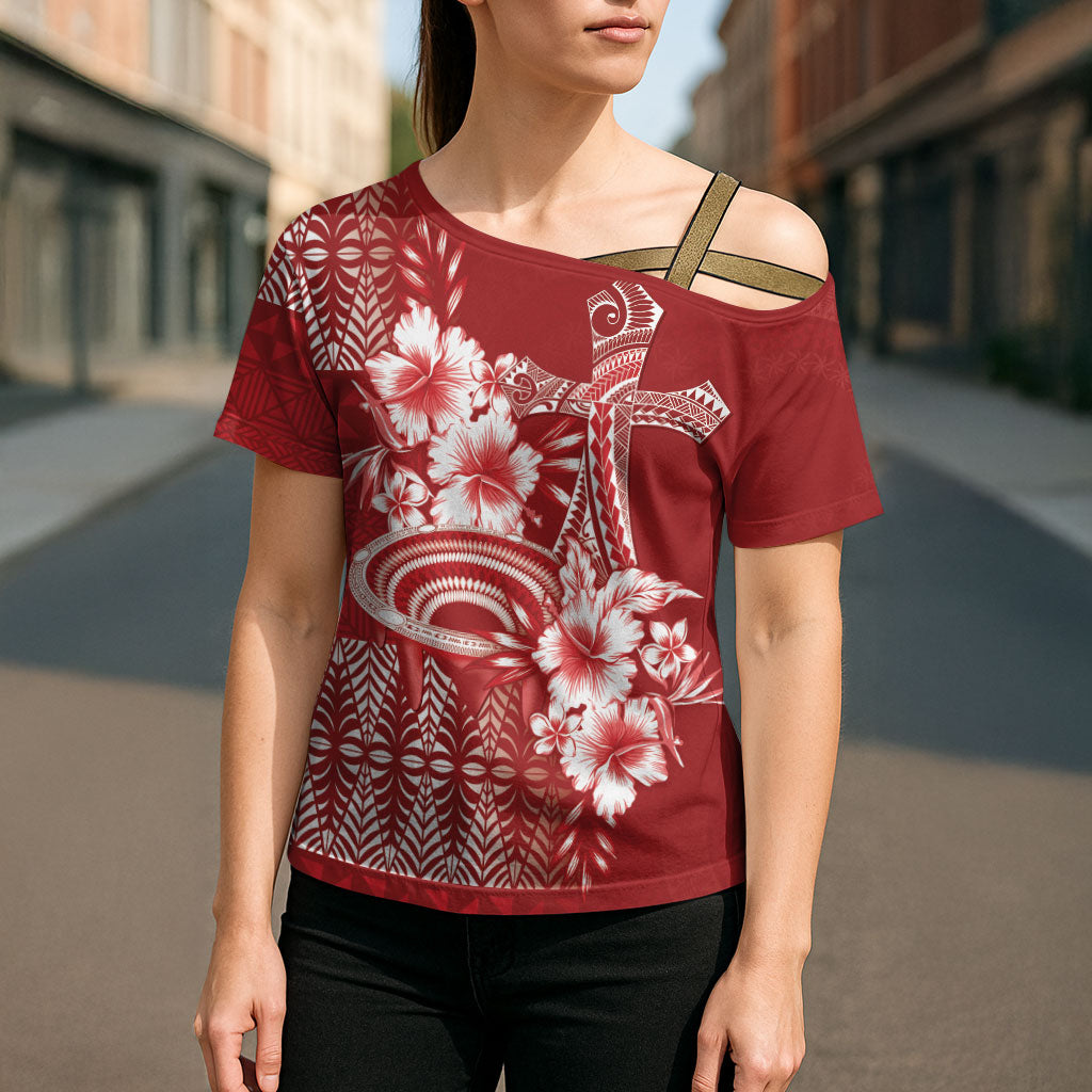 Tonga Ngatu Kupesi Royal Red Cross Shoulder Shirt Koe Otua Mo Tonga Ko Hoku Tofia LT7 - Polynesian Pride