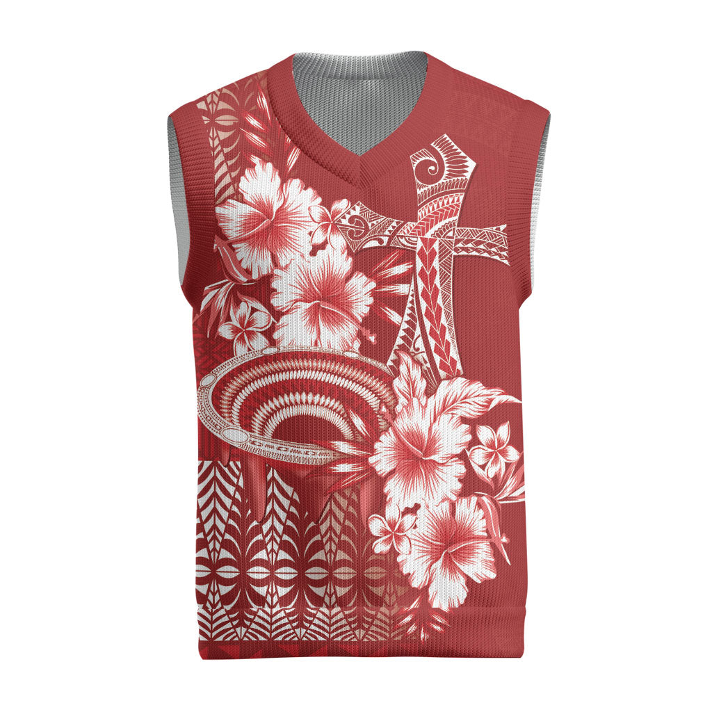 Tonga Ngatu Kupesi Royal Red Christmas Knitted V-Neck Vest Koe Otua Mo Tonga Ko Hoku Tofia LT7 Red - Polynesian Pride