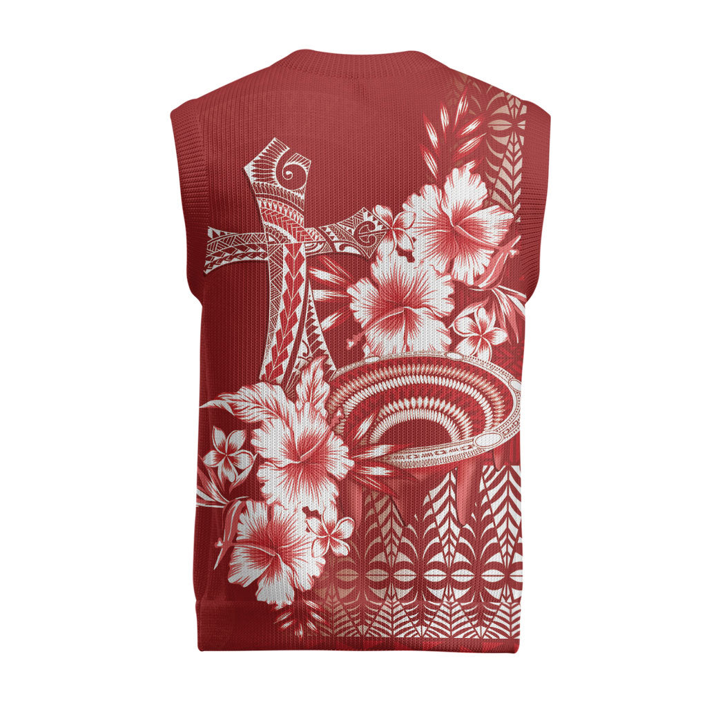 Tonga Ngatu Kupesi Royal Red Christmas Knitted V-Neck Vest Koe Otua Mo Tonga Ko Hoku Tofia LT7 - Polynesian Pride