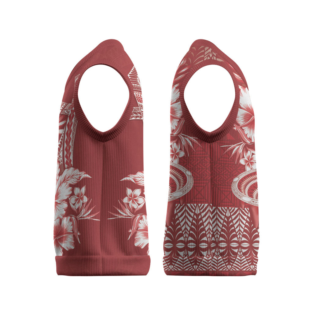 Tonga Ngatu Kupesi Royal Red Christmas Knitted V-Neck Vest Koe Otua Mo Tonga Ko Hoku Tofia LT7 - Polynesian Pride