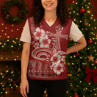 Tonga Ngatu Kupesi Royal Red Christmas Knitted V-Neck Vest Koe Otua Mo Tonga Ko Hoku Tofia LT7 - Polynesian Pride