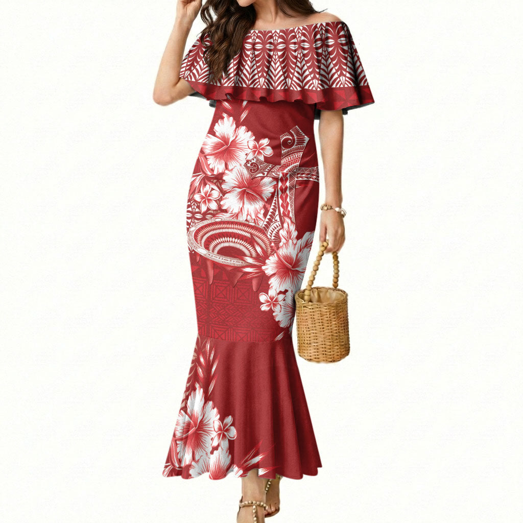 Tonga Ngatu Kupesi Royal Red Mermaid Dress Koe Otua Mo Tonga Ko Hoku Tofia LT7 Women Red - Polynesian Pride