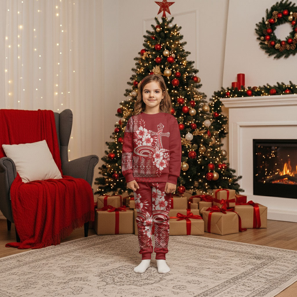 Tonga Ngatu Kupesi Royal Red Christmas Pajama Set Koe Otua Mo Tonga Ko Hoku Tofia LT7 Kid Red - Polynesian Pride