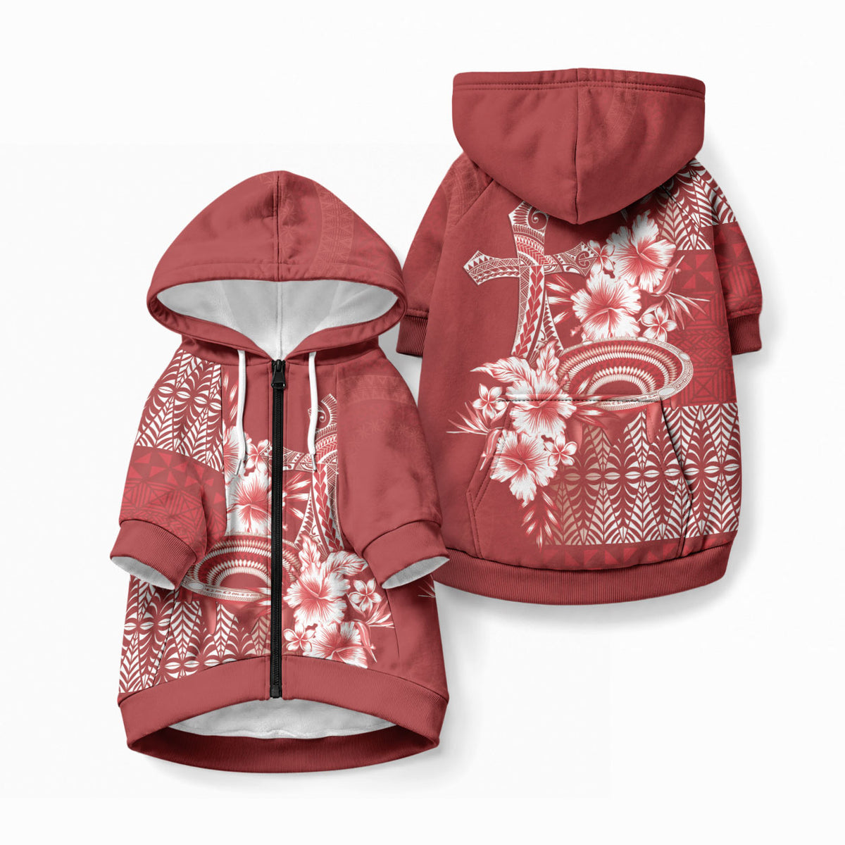 Tonga Ngatu Kupesi Royal Red Pet Hoodie Koe Otua Mo Tonga Ko Hoku Tofia LT7 Zip-up Red - Polynesian Pride